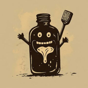 cheerful grinning bottle character with wide eyes and drooling tongue, raised arms holding a fly swatter in a playful distressed ink illustration on beige background