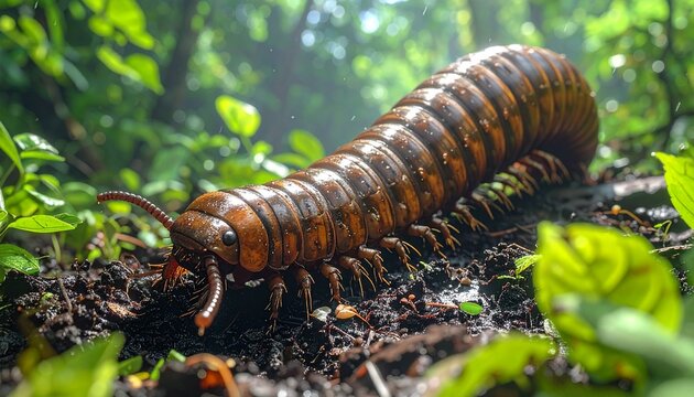 Brown Millipede Crawling on Dark Soil 