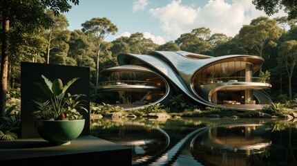 Fototapeta premium Modern luxury villa with organic architecture shape sits by forest lake. Futuristic house design features glass walls, curved metal structure. Tropical plants, green bowl decorate minimalist outdoor