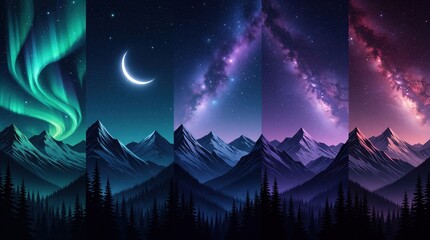Fototapeta premium Mountain ranges under night skies display aurora, crescent moon, and milky way galaxy. A serene, cold, and colorful digital painting of nature.
