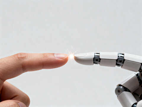 Human and robotic fingertips touching with a light spark