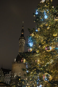 Low-angle of an illuminated Christmas tree with Tallinn Town Hall tower in the background at night