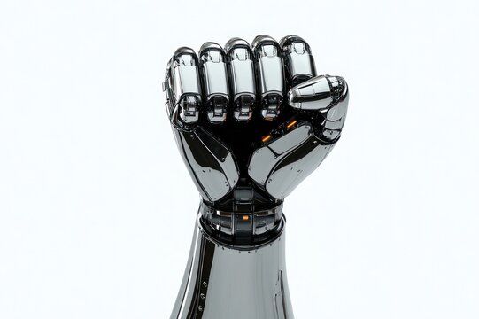glossy black robotic fist with amber accents raised in a defiant clenched gesture, reflective cybernetic hand expressing strength and determination on white background