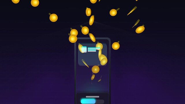 Digital E-Wallet Coin Cascade Showing Successful Cashless Transaction Fintech Motion Graphic