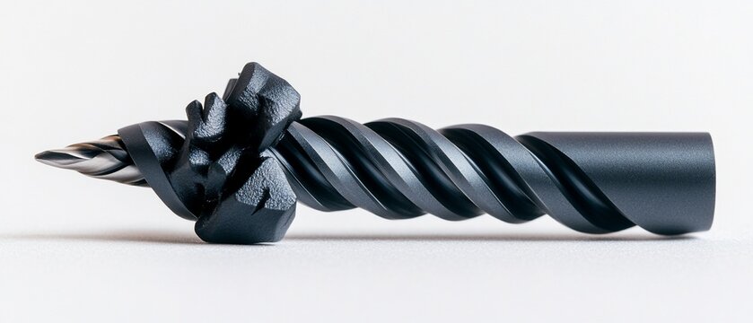 Screw Dark screw drill bit on white, close-up detail of fluted, spiral shaft