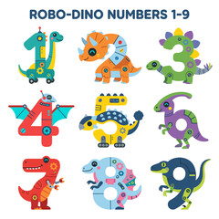 Fototapeta premium Robotic dinosaur animals numbers set from one to nine