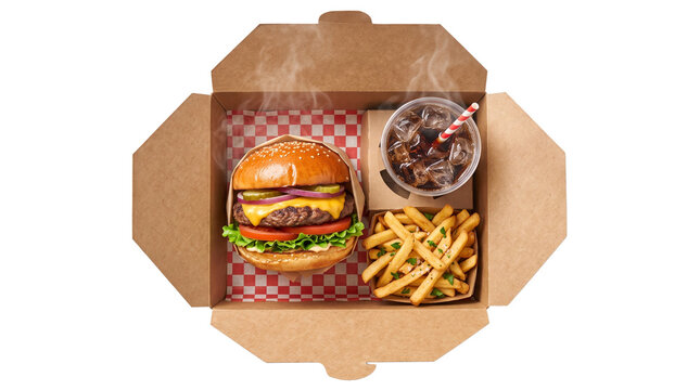Gourmet cheeseburger meal in cardboard takeout box, beef burger with french fries and soda, fast food delivery concept isolated PNG with Transparent Background