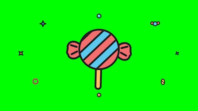 Cute 2D cartoon lollipop candy animation with sparkles on chroma key green screen background