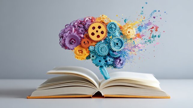 Colorful mechanical brain constructed from vibrant interlocking gears floating above open pages capturing creative ideas in a bright artistic display
