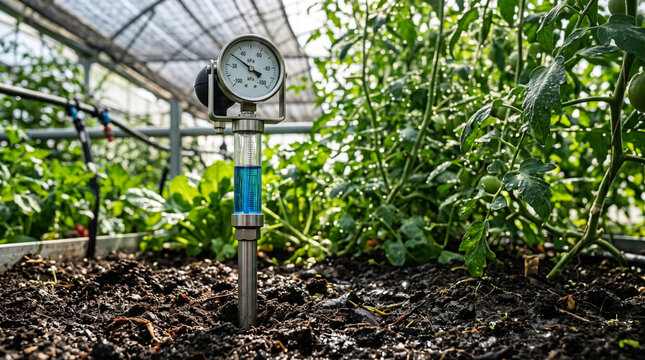 Soil moisture meter and tensiometer installed in greenhouse garden bed surrounded by lush green plants with moisture greenhouse agriculture gardening irrigation tensiometer humidity equipment