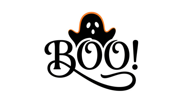 Cute cartoon ghost saying boo with friendly spooky Halloween greeting in black and white vector illustration.