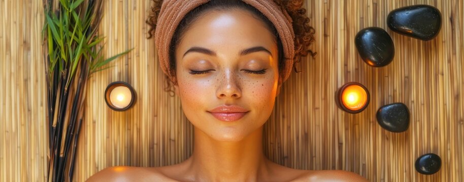 Relaxed person with blurred face wearing a towel headband lying on a bamboo mat, shoulders exposed, surrounded by lit candles, smooth black stones and green reeds in a tranquil spa setting