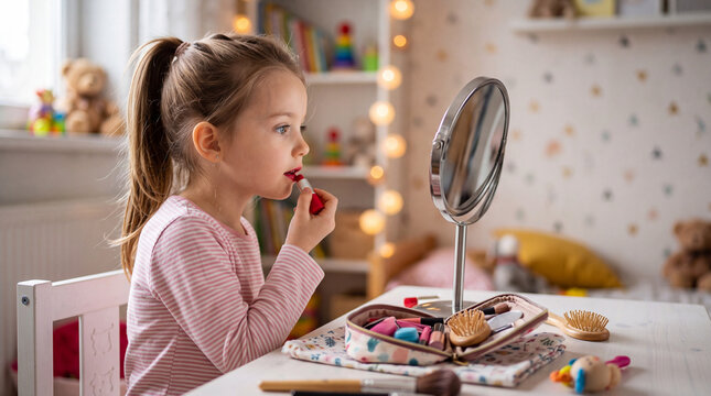 Girl applies red lipstick while looking in a mirror in a bedroom during the day
