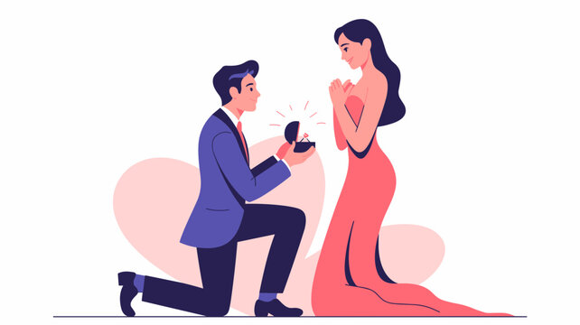 Man proposing to woman with a diamond ring, romantic marriage proposal illustration