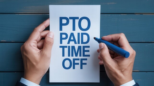 Professional hands holding white paper with bold blue pto paid time off text written with marker on wooden desk surface