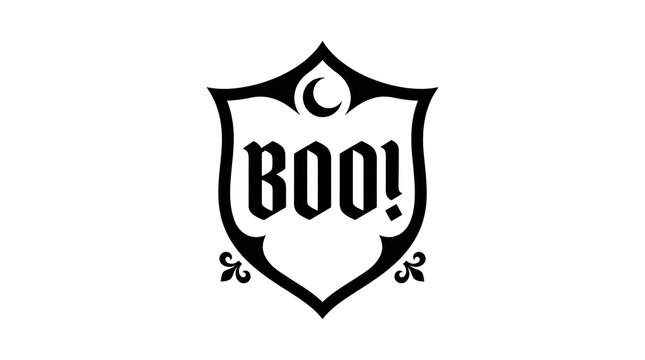 Halloween ghost boo emblem on black shield with spooky holiday design vector illustration.