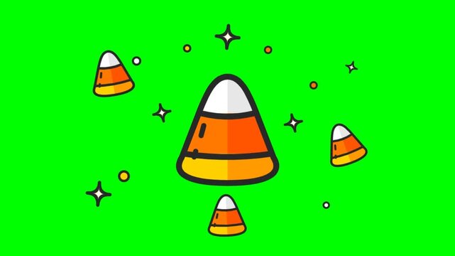 Animated cartoon candy corn icons floating and sparkling on green screen background for Halloween celebration