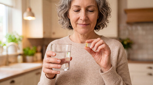 Woman holds a glass of water while preparing to take a supplement in a home kitchen during daytime