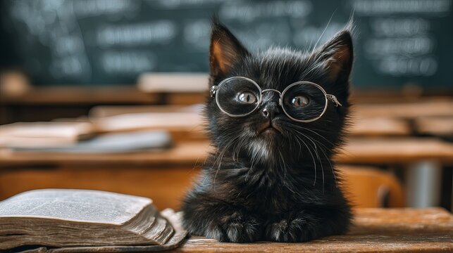 Intelligent black kitten wearing vintage round glasses sits near an open antique book while looking very studious and professional today