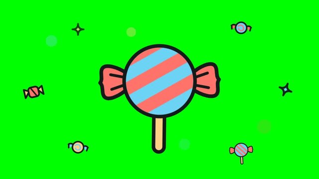Motion graphics animation of a colorful striped lollipop and candy icons floating on a chroma key green screen background