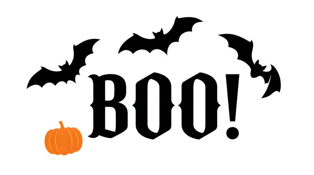 Halloween bats flying over bold Boo text with pumpkin for spooky holiday design.