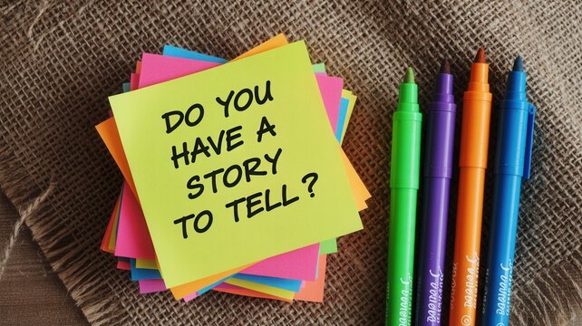 Bright yellow sticky note featuring question do you have a story to tell placed on textured brown fabric with markers