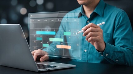 Fototapeta premium Timeline Scheduling Interface with Gantt Chart Hologram for Project Management and Resource Planning