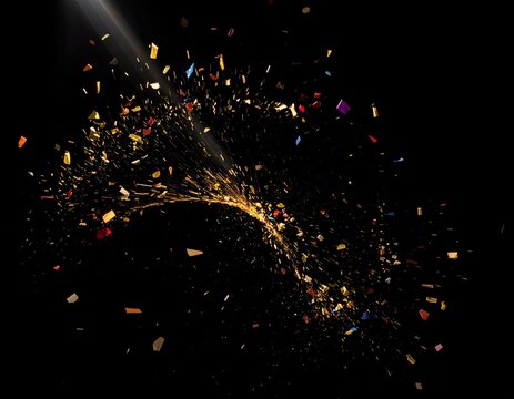 Swirling particles illuminated by a beam of light against a black background