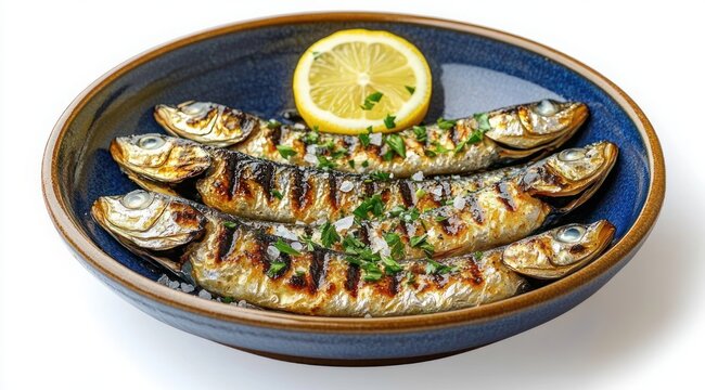 Three whole grilled fish with char marks in a blue ceramic bowl, garnished with chopped parsley, coarse sea salt and a lemon slice, fresh and appetizing