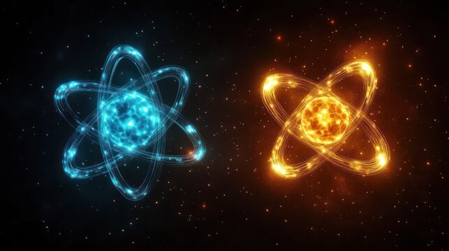 Dual glowing atomic structures in blue and gold with orbiting rings and radiant cores against a starry space backdrop, evoking dynamic contrast and high-energy balance