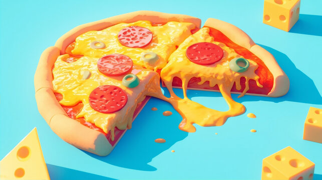Creative 3D stylized pepperoni pizza with melted cheese strings on a vibrant blue background, isometric food illustration