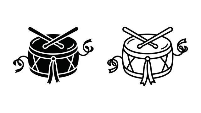 Drum and Drumsticks Icon Set: A collection of simple, graphic icons representing a drum with crossed drumsticks, ideal for representing music, rhythm, or celebration.