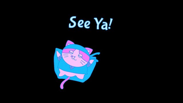 Animated cartoon cat ninja character flying away with text greeting against solid black background with flying distance while depicts cute cartoon while waving goodbye text see overhead minimalist