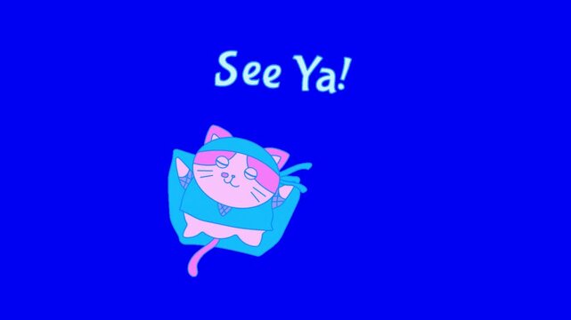 Animated cartoon ninja cat character jumping away with text see ya on blue background with video stylized cartoon ninja leaping distance appears above against solid blue backdrop transformation