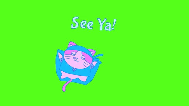 Animated ninja cat character flying across green screen background with playful text see ya with video stylized cartoon flying through air see blue font expression typography minimalist farewell