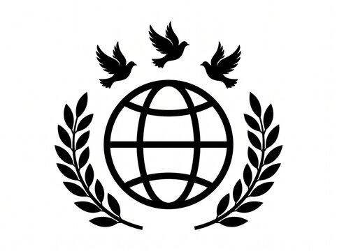 Black vector logo of an earth globe, laurel wreath at bottom, three flying peace doves on top. Flat.
