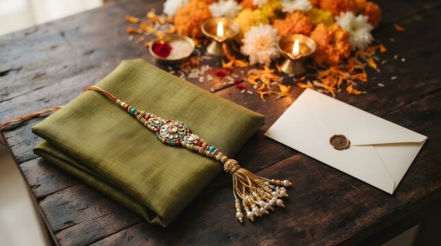 Traditional rakhi bracelet with kundan stones and pearls placed on a folded green silk fabric next to a waxsealed envelope