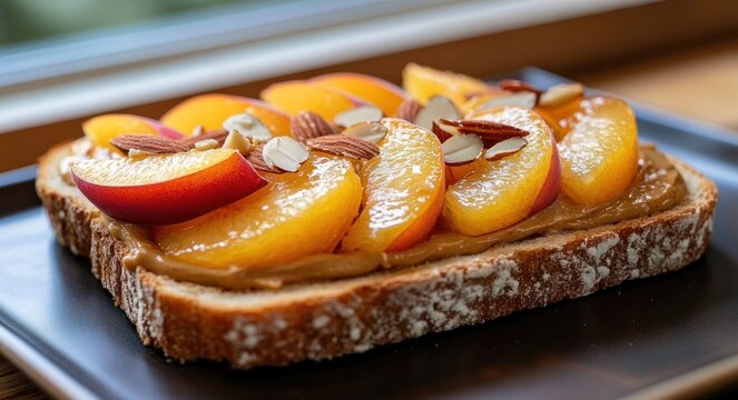rustic whole grain toast spread with creamy nut butter, topped with glossy fresh peach slices and almond slivers on a black plate, warm inviting breakfast scene
