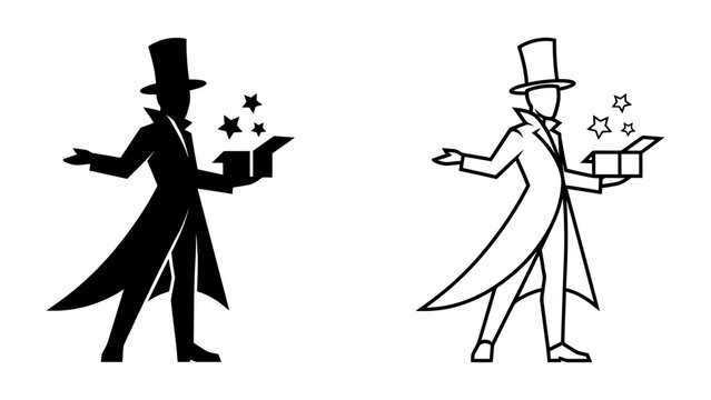 Magician Performing Illusion: Two stylized illustrations depict a magician in a top hat and tailcoat opening a box with stars emerging, symbolizing magic and wonder.