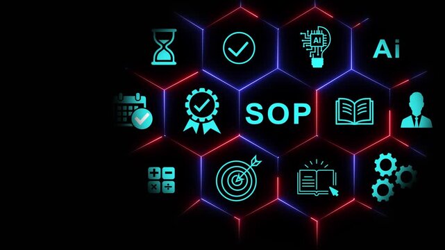 Standard operating procedure sop concept with digital and ai technology infographic on hexagonal grid background