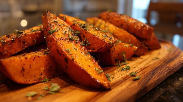 Roasted sweet potato wedges seasoned with fresh green herbs served on a rustic wooden board with warm cinematic moody lighting