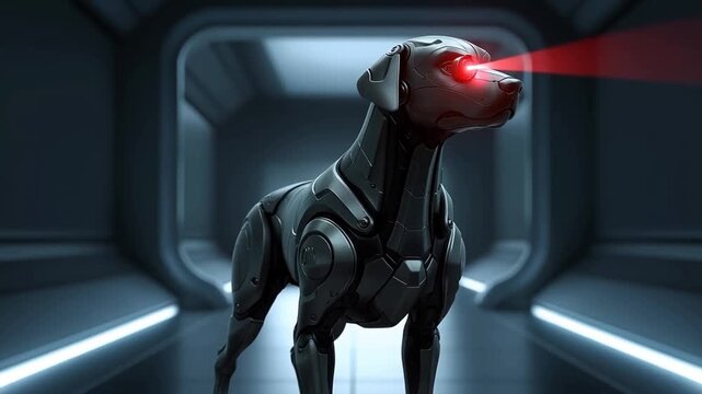 Tracking shot of robotic dog scanning and walking through futuristic corridor interior with red sensor beam