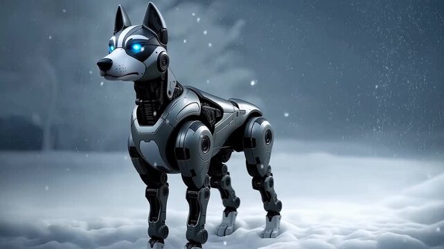 Tracking slow motion pan dolly of robotic husky walking through snowy landscape in winter forest at dusk
