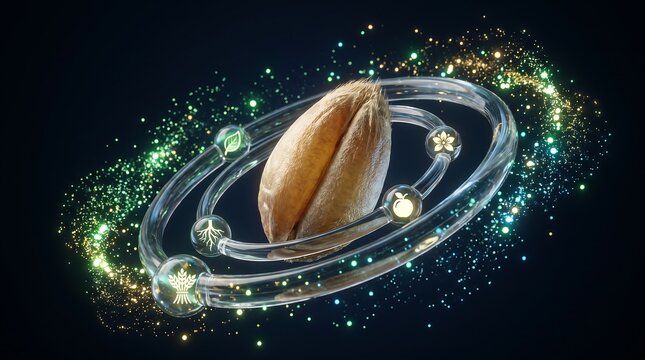 Organic Pistachio Nut Encased in Futuristic Scientific Atomic Orbital Structure with Glowing Particles and Abstract Energy Rings