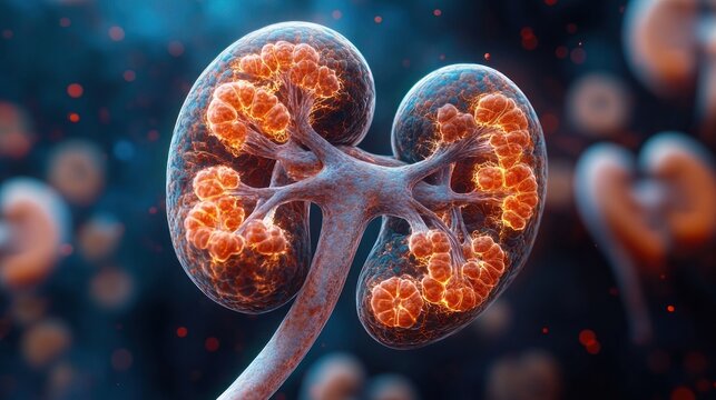Detailed glowing medical illustration of two human kidneys connected by a ureter showing bright orange nephrons, branching tubules and blood vessels in a dramatic scientific view