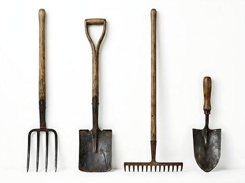 Old rustic garden pitchfork, shovel, rake, and hand spade standing against a seamless white background.