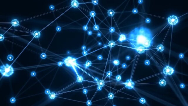 Tracking shot of glowing network nodes pulsing and connecting while camera zooms through dark digital space