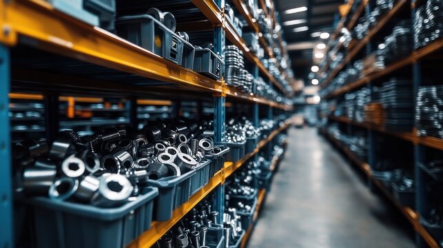 organized industrial shelving filled with metal nuts and bolts in plastic bins along a long warehouse aisle, conveying precision and efficiency