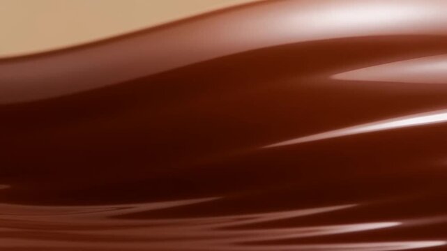 Slow motion tracking shot of flowing chocolate surface rippling and reflecting light in studio close up