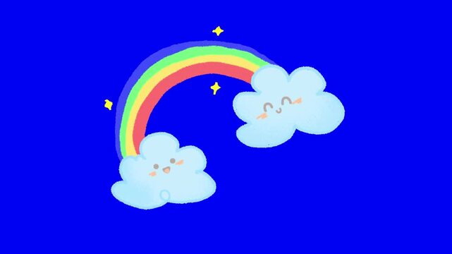 Cute cartoon clouds with rainbows floating against vibrant blue background animated digital illustration design elements with variations illustrated clouds connected colorful rainbows video three